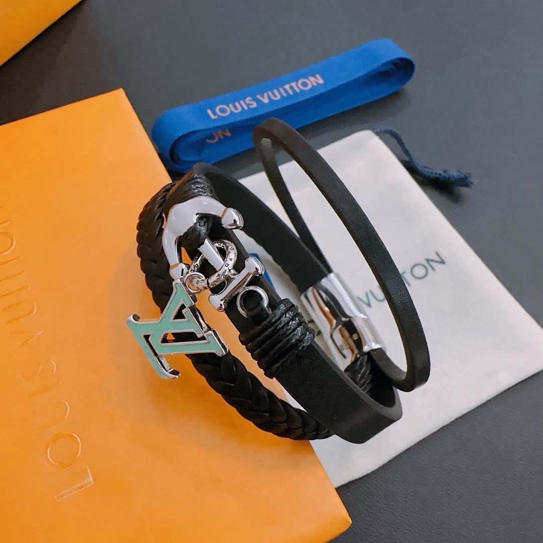 Louis Vuitton Leather Bracelet with Anchor and LV Logo